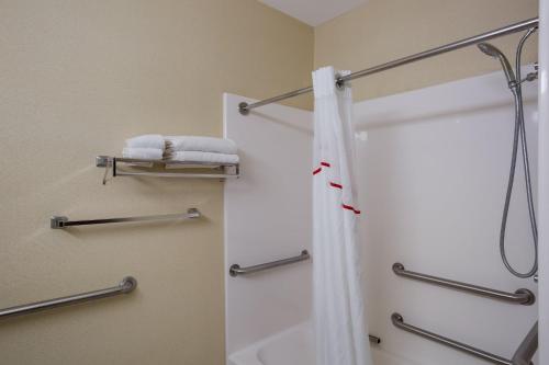 a bathroom with a shower and a sink at Red Roof Inn & Suites Bloomsburg - Mifflinville in Mifflinville