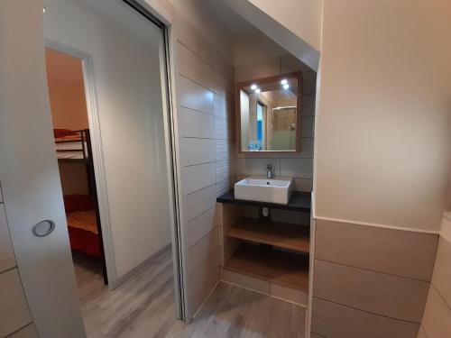 y baño con lavabo y espejo. en Appartement La Roche-Posay, 3 pièces, 4 personnes - FR-1-541-10, en La Roche-Posay