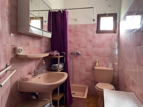 une salle de bains rose avec lavabo et toilettes. dans l'établissement Appartement Banyuls-sur-Mer, 3 pièces, 4 personnes - FR-1-225C-115, à Banyuls-sur-Mer