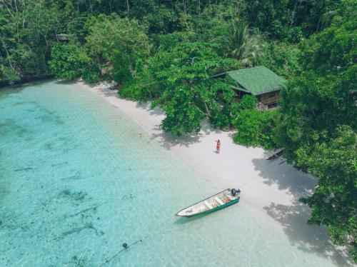 an aerial view of a beach with a boat in the water at Raja Ampat Eco Lodge in Tapokreng