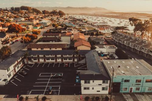 an aerial view of a city with buildings at Blufftop Inn & Suites - Wharf/Restaurant District in Morro Bay