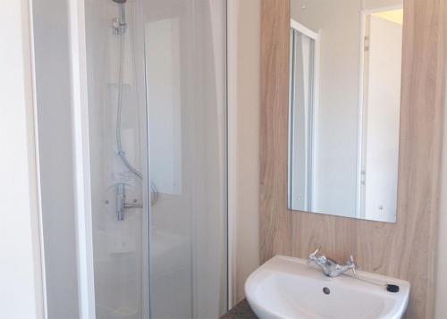 a bathroom with a sink and a shower with a mirror at St Cyrus Park in Montrose