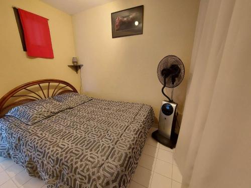 - une chambre avec un lit et un ventilateur dans l'établissement Appartement climatisé 2 pièces, accès direct plage, terrasse et parking privé - FR-1-326-531, à Marseillan