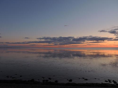 a sunset over the water with birds in the water at Boutique Hotel De Eilanden in Harlingen