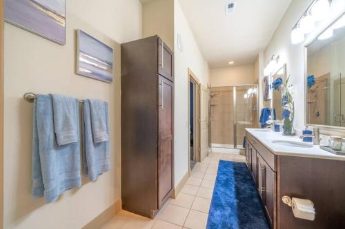 La salle de bains est pourvue d'un lavabo, d'une douche et d'un miroir. dans l'établissement PackHouse 2, à Houston