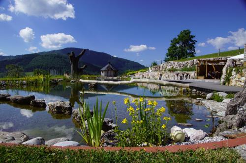 einen Teich in einem Garten mit Bergen im Hintergrund in der Unterkunft Bioferienhof Brückler in Laussa