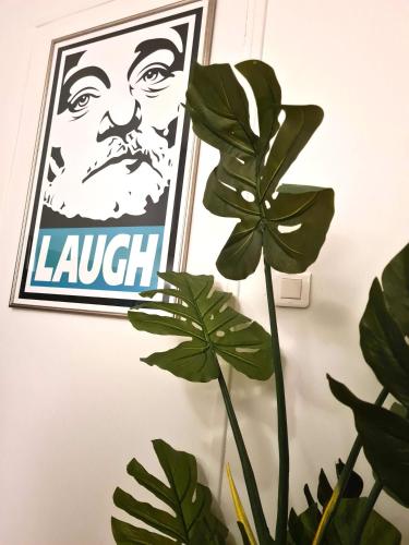 a plant in front of a framed picture of a man at Studio Ninirei in Papeete