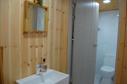 uma casa de banho com um lavatório, um WC e um espelho. em Wolyeongchae em Andong