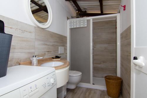 La salle de bains est pourvue de toilettes, d'un lavabo et d'un miroir. dans l'établissement Casa vacanze Gigli, à Numana