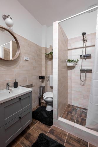 a bathroom with a shower with a toilet and a sink at Zemplén Gyöngye Vendégház in Erdőhorváti