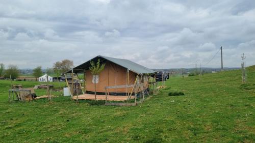 un pequeño cobertizo en un campo con una casa en Sheepinn de geul, en Tielt