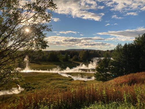 a view of a waterfall in a field with trees at Enchanting country home in Laugaras