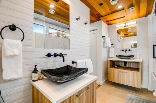 La salle de bains est pourvue d'un lavabo noir et de plafonds en bois. dans l'établissement Tree Farm Sanctuary, à Basalt