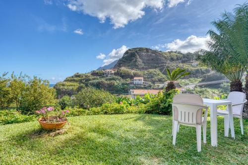 ポルト・ダ・クルースにあるQuinta da Vilaの山が見える芝生の上に置かれたテーブルと椅子