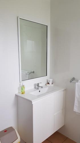 een witte badkamer met een wastafel en een spiegel bij Chalets on Frenchman in Albany