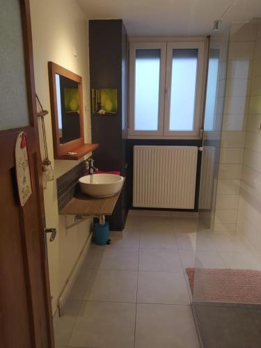 bagno con lavandino e specchio di chey MYBAM, agréable maison au centre de Sélestat a Sélestat