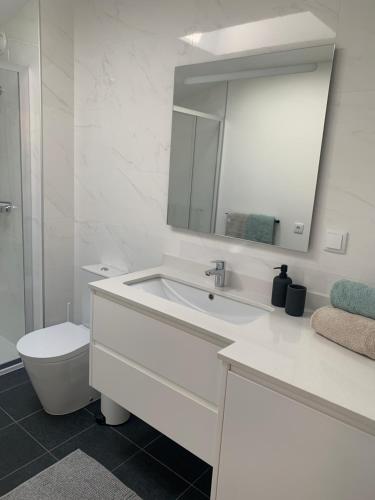 een witte badkamer met een toilet en een wastafel bij Peniche36 in Peniche