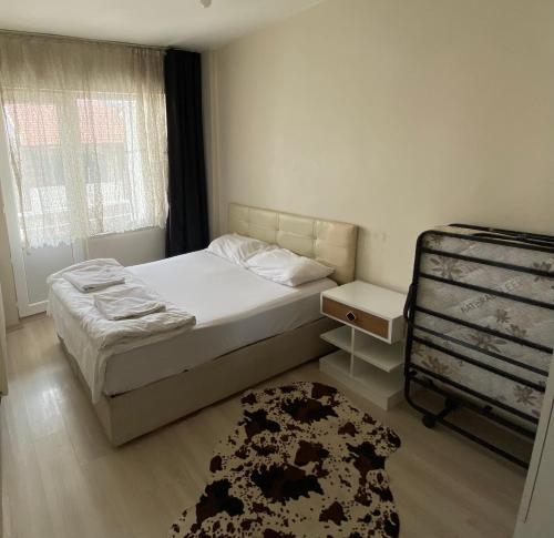 a bedroom with a bed and a rug and a window at TANER PANSiYON in Edirne