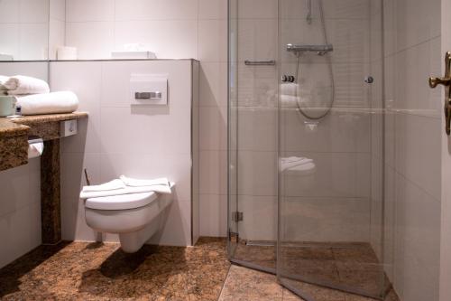 a bathroom with a toilet and a glass shower at Hotel Fliegerheim in Borkheide