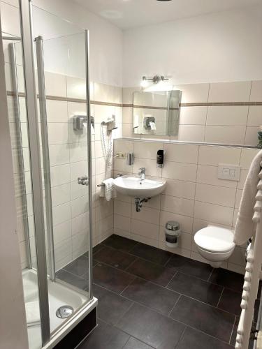 a bathroom with a shower and a sink and a toilet at Boutique Hotel Goldene Henne in Wolfsburg
