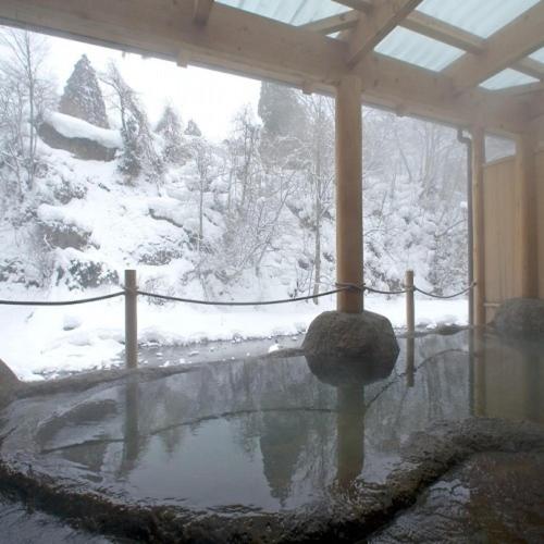 a snow covered yard with a pool of water at Fujisan Ryokan in Hanamaki