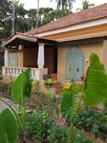 a house with a bunch of plants in front of it at Caju Grove - The Big Yellow Goan House in Guirim