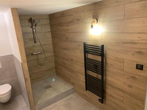 een badkamer met een douche en een toilet bij Maison 10 personnes, isolée. in Grandes Sables