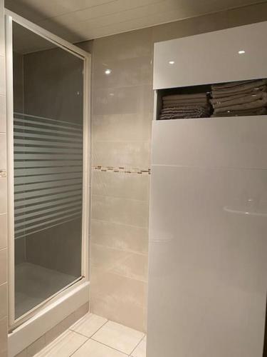 La salle de bains est pourvue d'une douche à l'italienne et d'une porte en verre. dans l'établissement Studio Thermothel, à Saint-Martin-dʼUriage