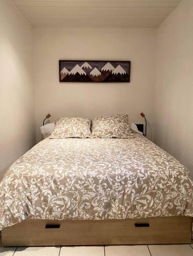 - une chambre avec un lit, une couette et des montagnes dans l'établissement Studio Thermothel, à Saint-Martin-dʼUriage