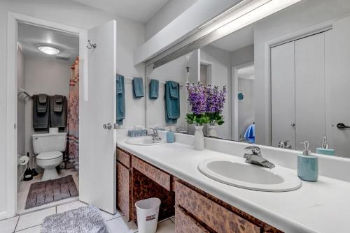ein Badezimmer mit einem Waschbecken, einem WC und einem Spiegel in der Unterkunft Neptune's Nest in Neptune Beach