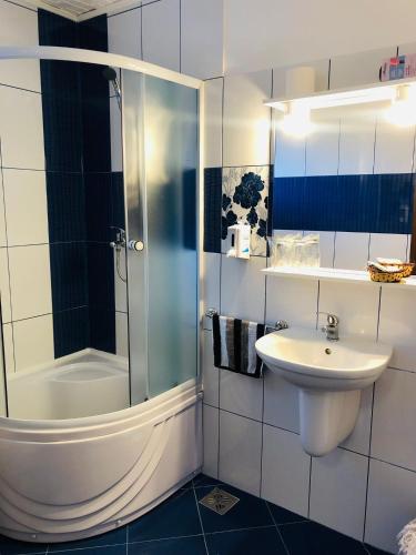 a bathroom with a shower and a sink at Pensiunea Contesa in Sovata