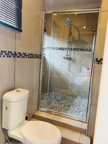 a bathroom with a toilet and a shower at 36 frere road shelly beach , margate in Margate