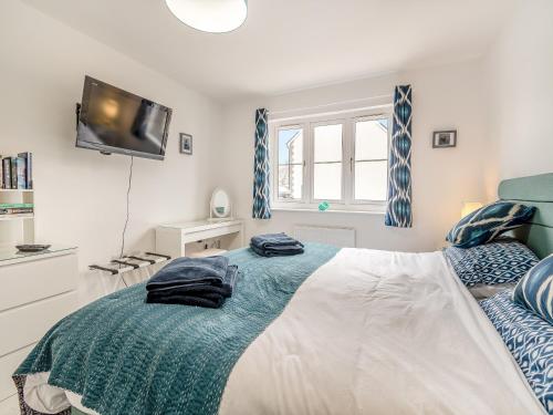 a bedroom with a bed and a flat screen tv at Blue Skies in Carew