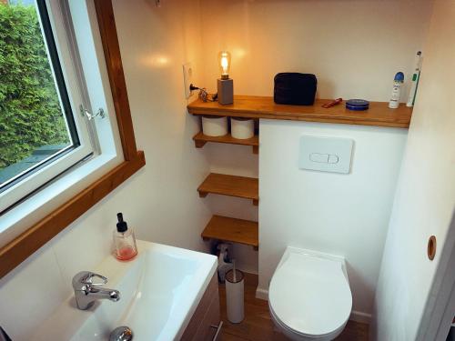 baño con aseo y lavabo y ventana en TINY HOUSE FLEESENSEE mit eigenem Garten und nur wenige Meter vom Seeufer, en Göhren-Lebbin