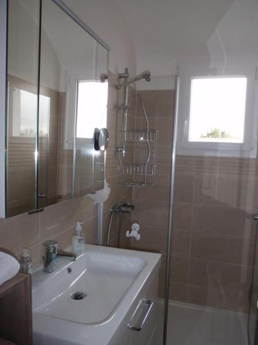 La salle de bains est pourvue d'un lavabo et d'une douche. dans l'établissement 20 Résidence de Kerlosquen, à Fouesnant