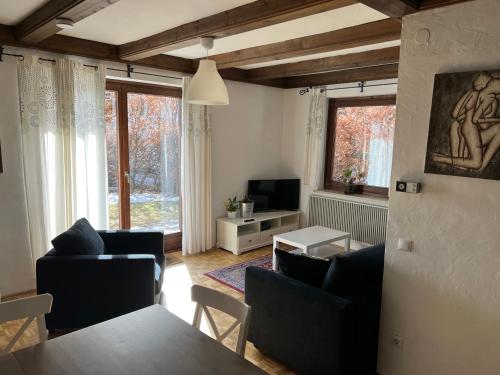 sala de estar con sillas, mesa y TV en Haus JoLoMo, en Mallnitz