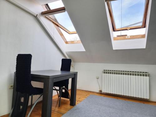 a table and chairs in a room with skylights at Hostel Center in Sarajevo