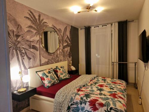 - une chambre avec un lit et un miroir mural dans l'établissement Chambre privée T3 Saint Fons, à Saint-Fons