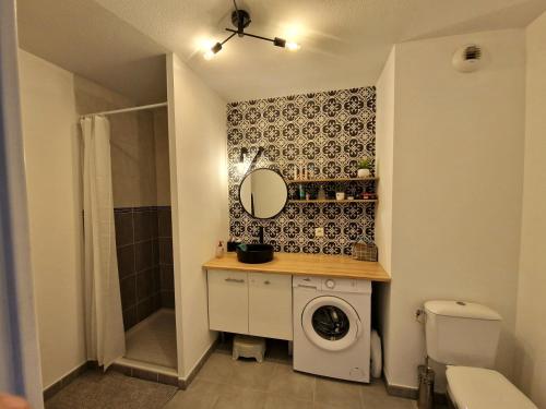 een badkamer met een wasmachine en een spiegel bij Chambre privée T3 Saint Fons in Saint-Fons