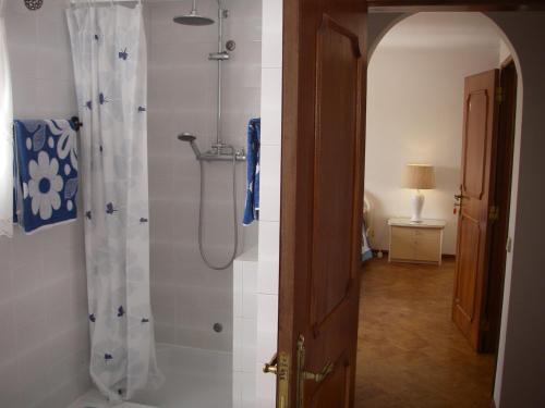 y baño con ducha y cortina de ducha. en Monte da Ria Guest House, en Faro