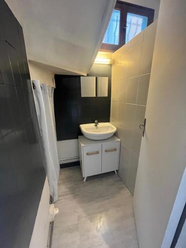 małą łazienkę z umywalką i umywalką w obiekcie Gite les colombages w mieście Doudeville