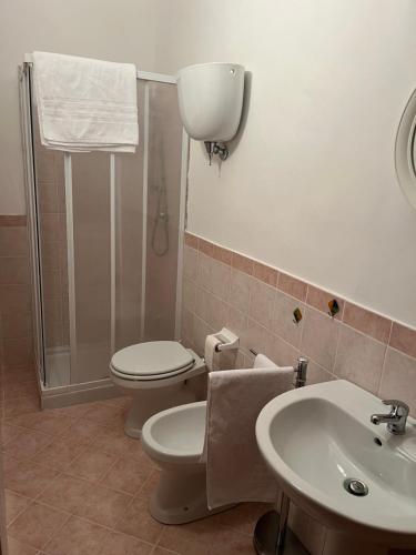 een badkamer met een toilet, een douche en een wastafel bij La Casa del Ciarlatano in Cerreto di Spoleto
