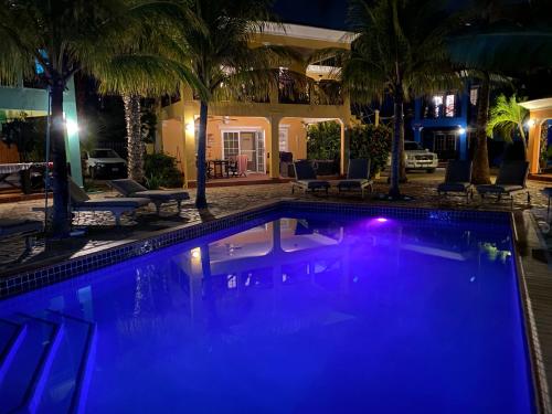 a swimming pool at night with blue lights at Casa Makoshi Bonaire in Kralendijk