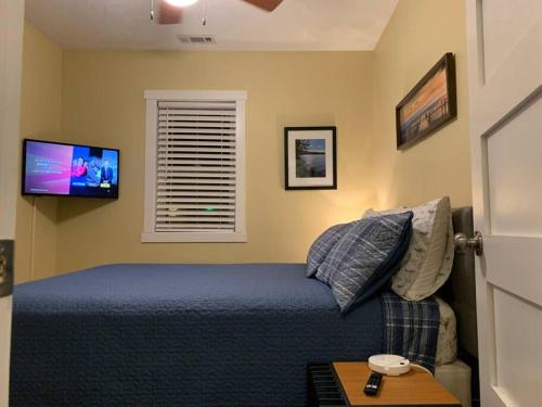 1 dormitorio con 1 cama y TV de pantalla plana en Cottage11 of Avalon: 2 Bedroom, Laundry, RV parking. Quiet, en Lansing