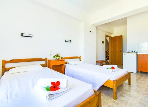 two beds in a room with a kitchen at Butterfly Studios, Faliraki in Faliraki