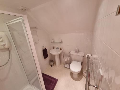 a white bathroom with a toilet and a sink at Almondbank Self Catering Apartment in Skeabost