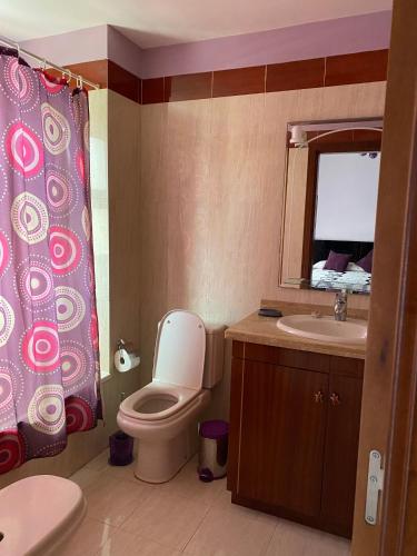 a bathroom with a toilet and a sink and a mirror at Palm mar Relax House in Palm-Mar