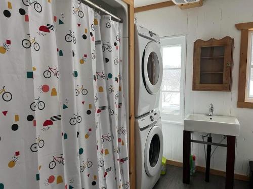 ein Badezimmer mit einer Waschmaschine und einem Waschbecken in der Unterkunft Résidences touristiques l’Abris in LʼAnse-Saint-Jean