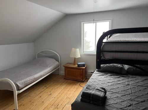 um quarto com 2 camas e uma janela em Résidences touristiques l’Abris em LʼAnse-Saint-Jean