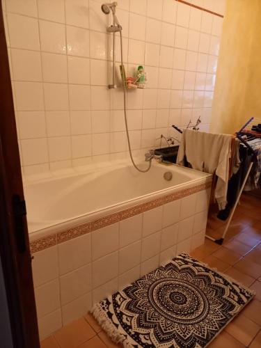 a bathroom with a tub with a shower and a rug at Chambre chez l'habitant in Grenoble